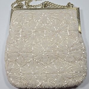 Vintage Cream Beaded Clutch with Gold Chain